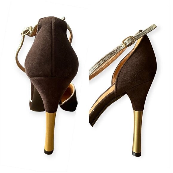 Charles Jourdan Brown Suede Ankle Strap Pumps With Gold Metal Heel, Size 8 1/2 - Picture 10 of 15